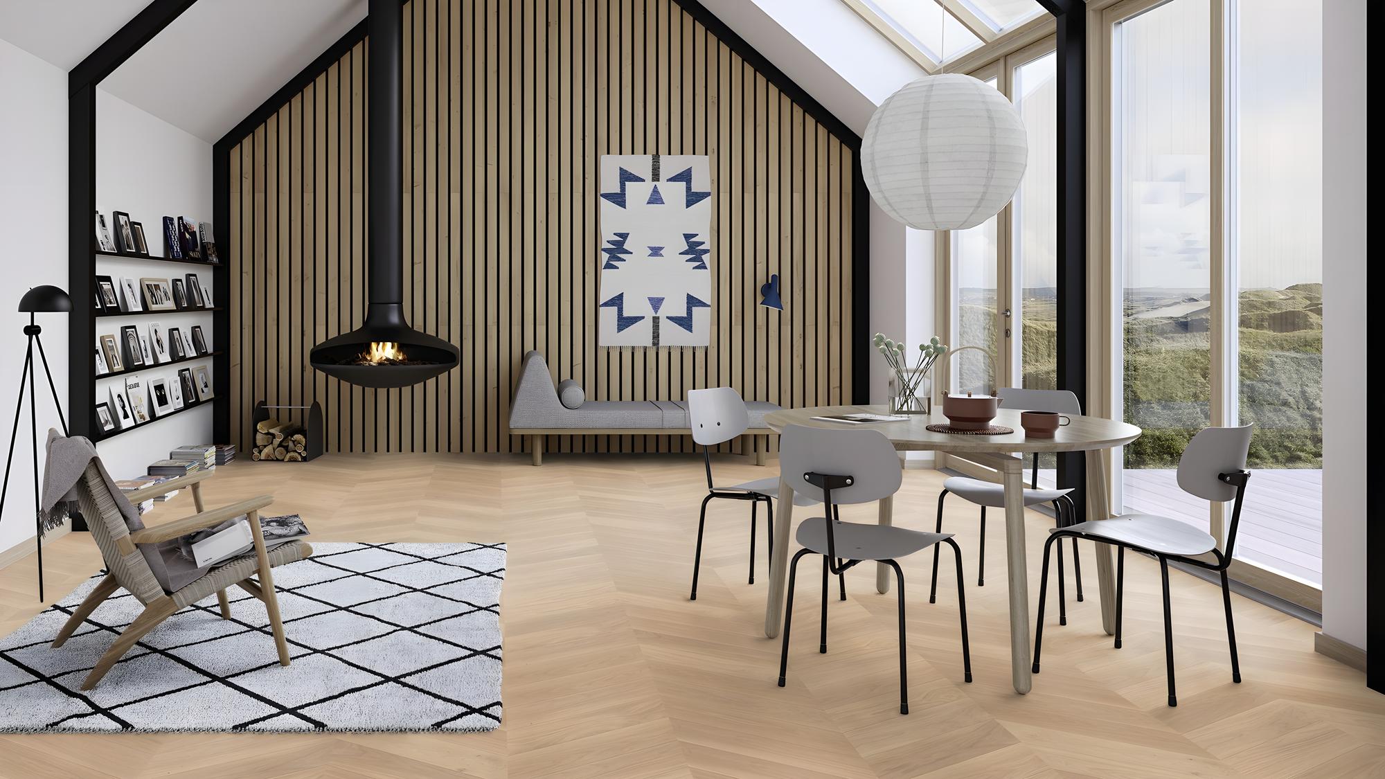 Boen Adagio Engineered White Oak Chevron Flooring, Brushed & L/Natural, A & B Planks: 14.0 x 138 x 611 mm