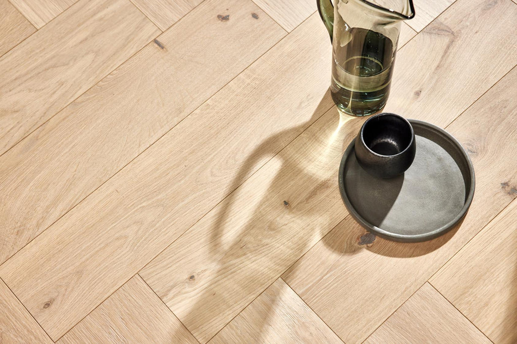 Boen Animoso Engineered Oak Herringbone Flooring, Brushed & L/Pure, A & B Planks: 14.0 x 138 x 690 mm