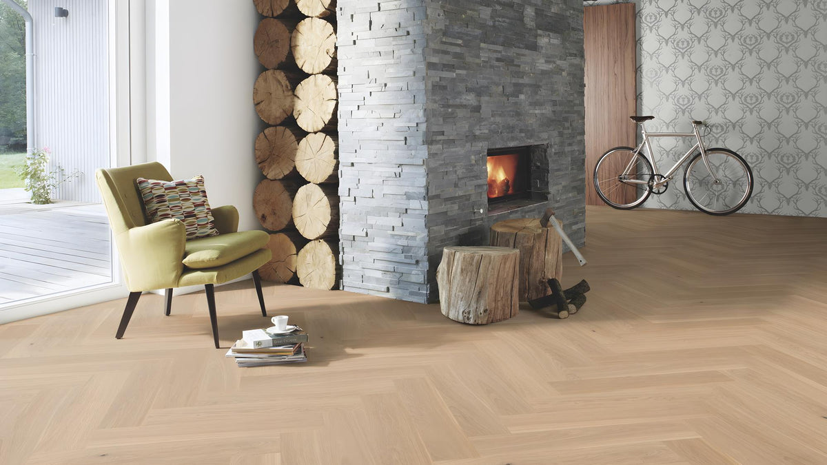 Boen Adagio Engineered Oak Herringbone Flooring, Brushed & L/Pure, A & B Planks: 14.0 x 138 x 690 mm