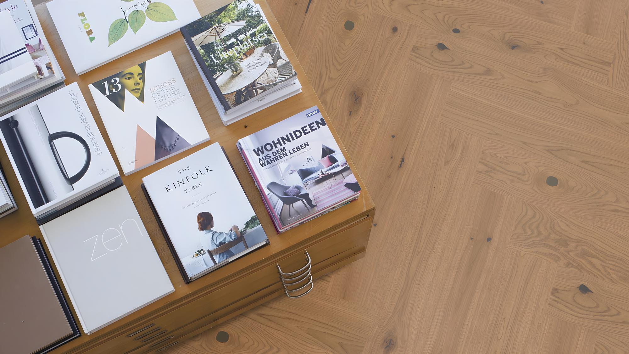 Boen Vivo Engineered Honey Oak Herringbone Flooring, Brushed & L/Pure, A & B Planks: 14.0 x 138 x 690 mm