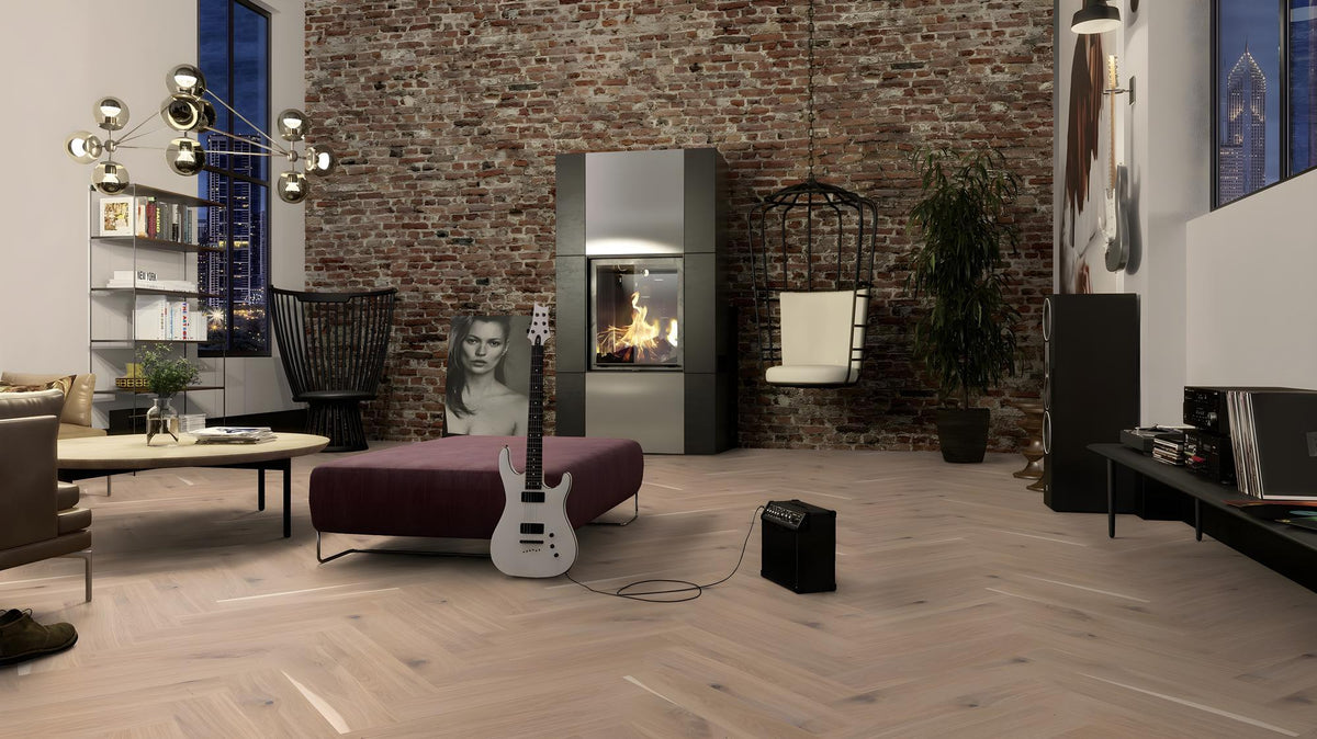 Boen Vivo Engineered White Oak Herringbone Flooring, Brushed & L/Natural, A & B Planks: 14.0 x 138 x 690 mm