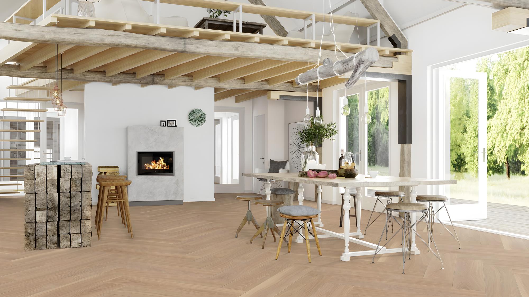 Boen Adagio Engineered Oak Herringbone Flooring, Brushed & L/Pure, A & B Planks: 14.0 x 209 x 1,045 mm