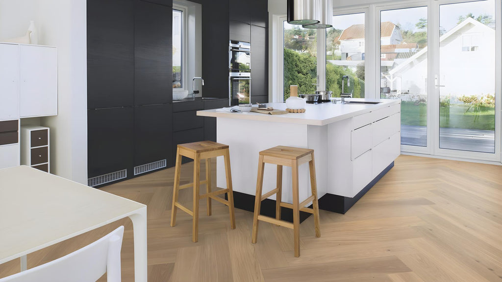 Boen Animoso Engineered Oak Herringbone Flooring, Brushed & L/Pure, A & B Planks: 14.0 x 209 x 1,045 mm