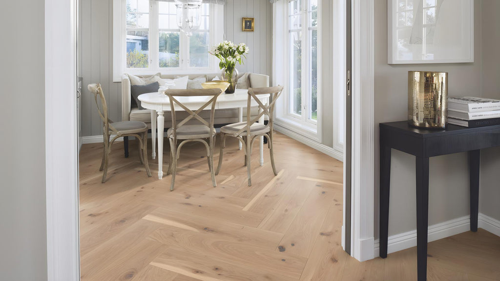 Boen Vivo Engineered Oak Herringbone Flooring, Brushed & L/Pure, A & B Planks: 14.0 x 209 x 1,045 mm