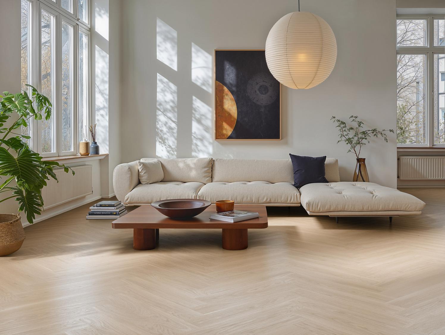 Boen Andante Engineered Pale White Oak Herringbone Flooring, Brushed & L/Matt Plus: 10.5 x 137 x 790 mm