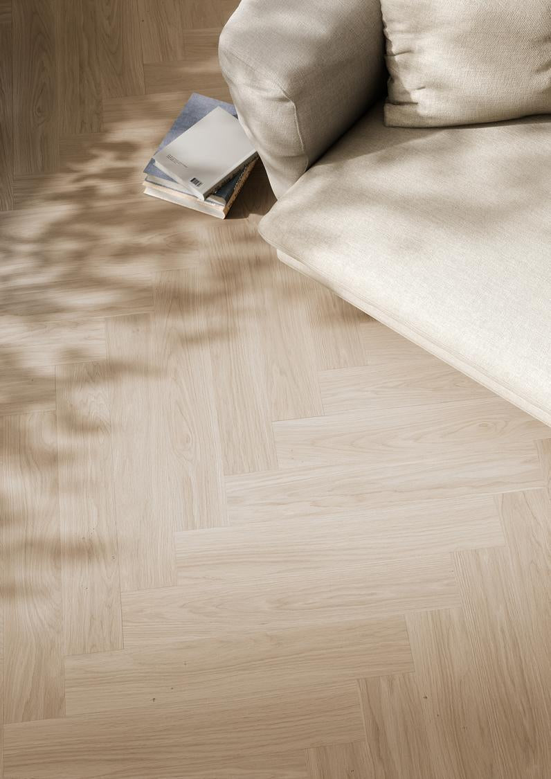 Boen Andante Engineered Pale White Oak Herringbone Flooring, Brushed & L/Matt Plus: 10.5 x 137 x 790 mm