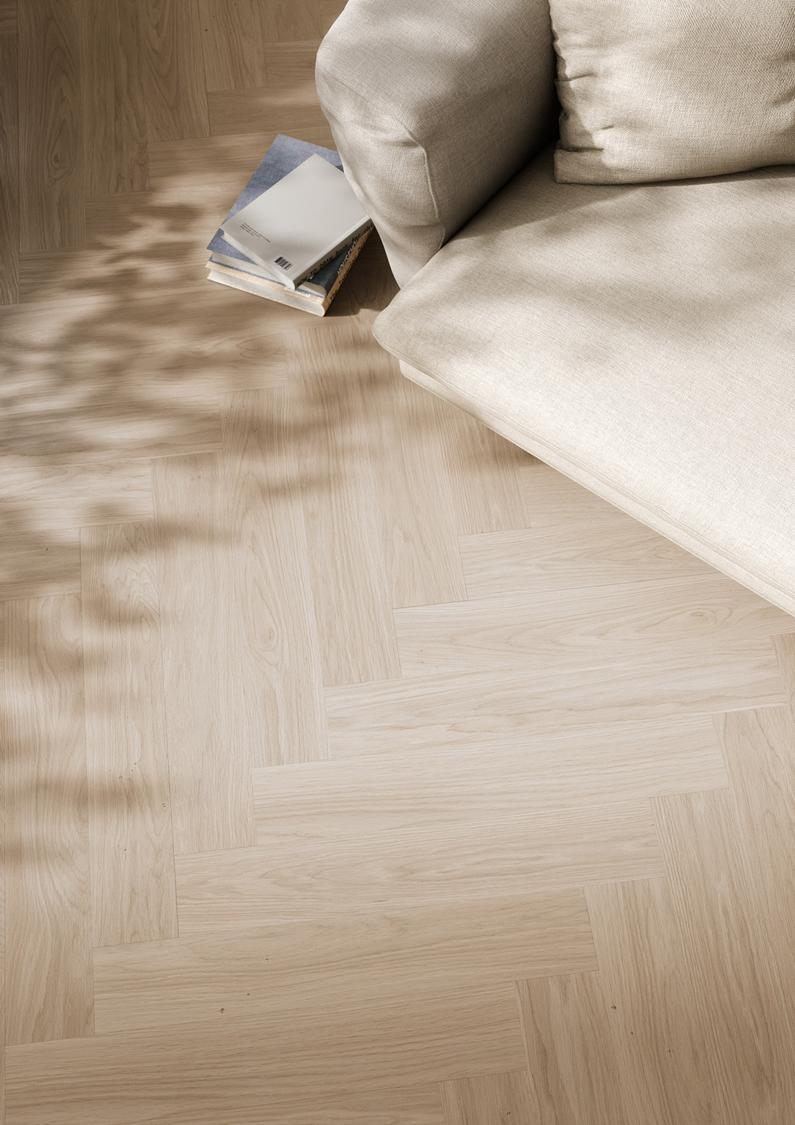 Boen Andante Engineered Pale White Oak Herringbone Flooring, Brushed & L/Matt Plus: 10.5 x 137 x 790 mm