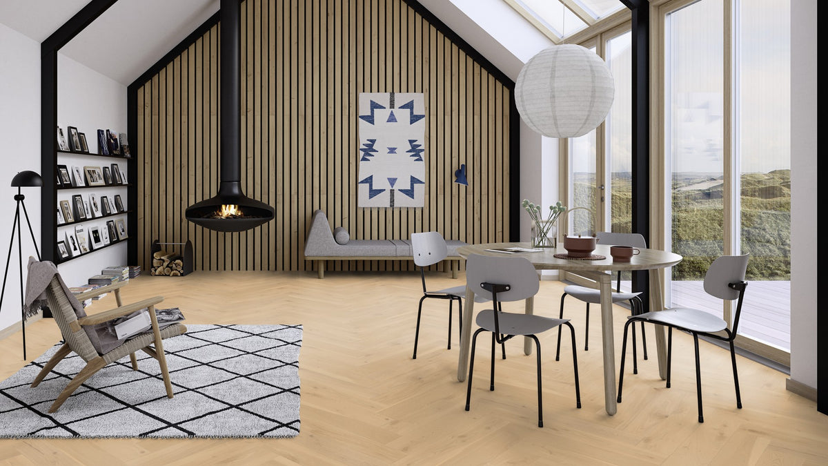 Boen Vivo Engineered Pale White Oak Herringbone Flooring, Brushed & L/Matt Plus: 10.5 x 137 x 790 mm