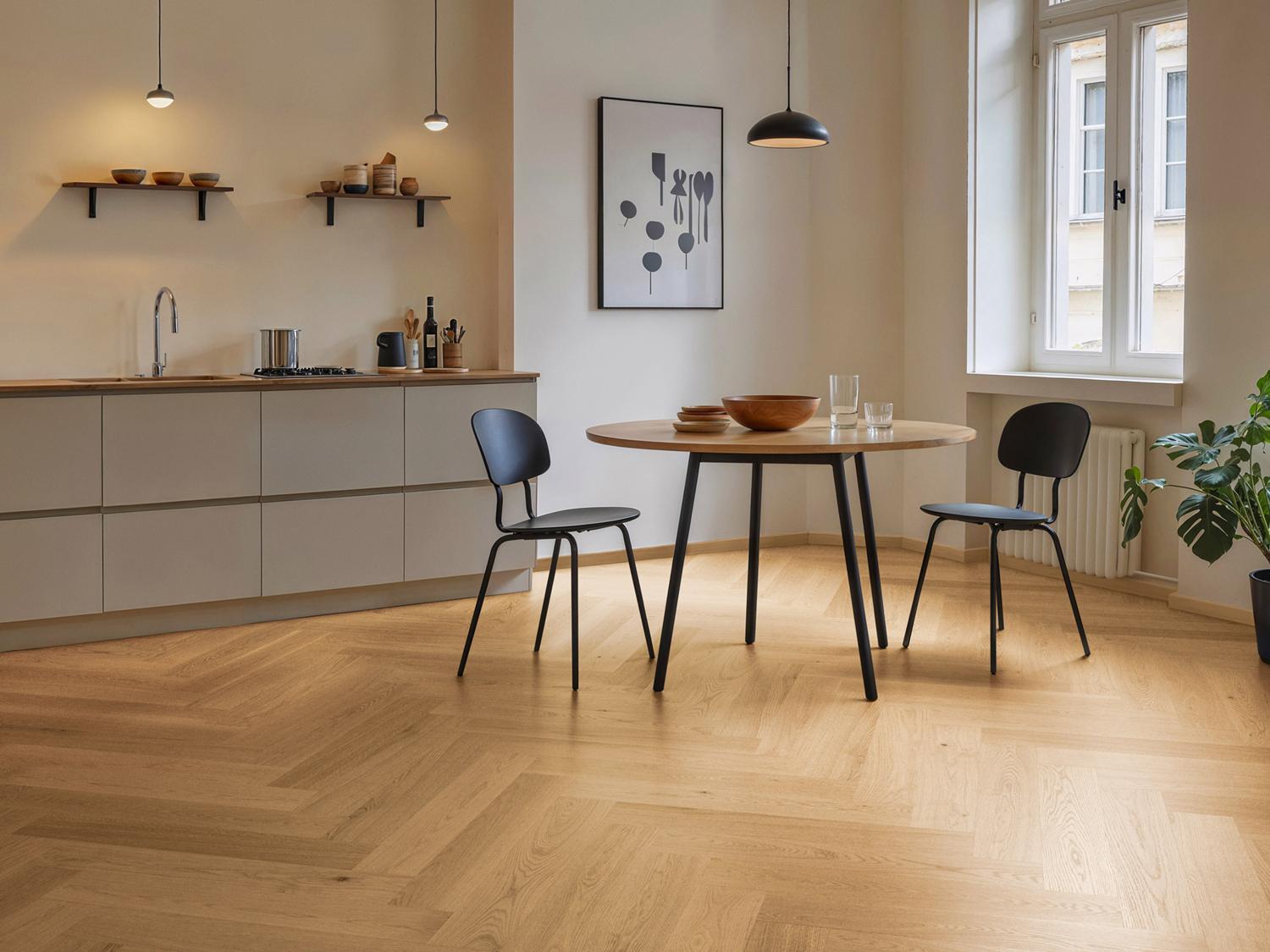 Boen Andante Engineered Soft Brown Oak Herringbone Flooring, Brushed & L/Matt Plus: 10.5 x 137 x 790 mm