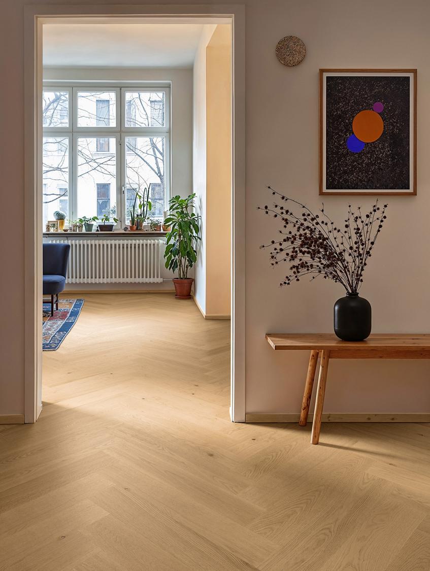 Boen Andante Engineered Soft Brown Oak Herringbone Flooring, Brushed & L/Matt Plus: 10.5 x 137 x 790 mm