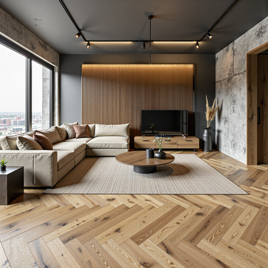Ovara Antique Engineered Edlingham Oak Herringbone Flooring, Brushed & Matt Lacquered: 15.0 x 125 x 625 mm