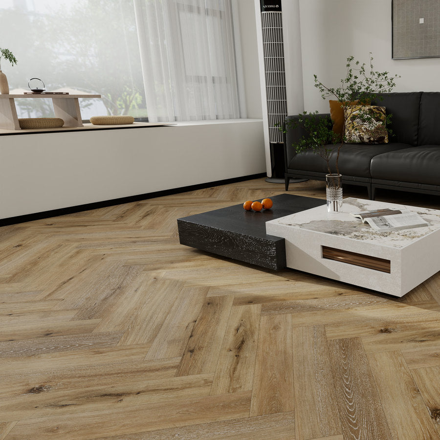 Ovara Latte Oak Herringbone LVT Flooring: 5.5 x 122 x 610 mm