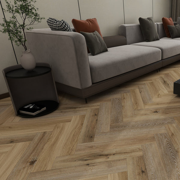 Ovara Latte Oak Herringbone LVT Flooring: 5.5 x 122 x 610 mm