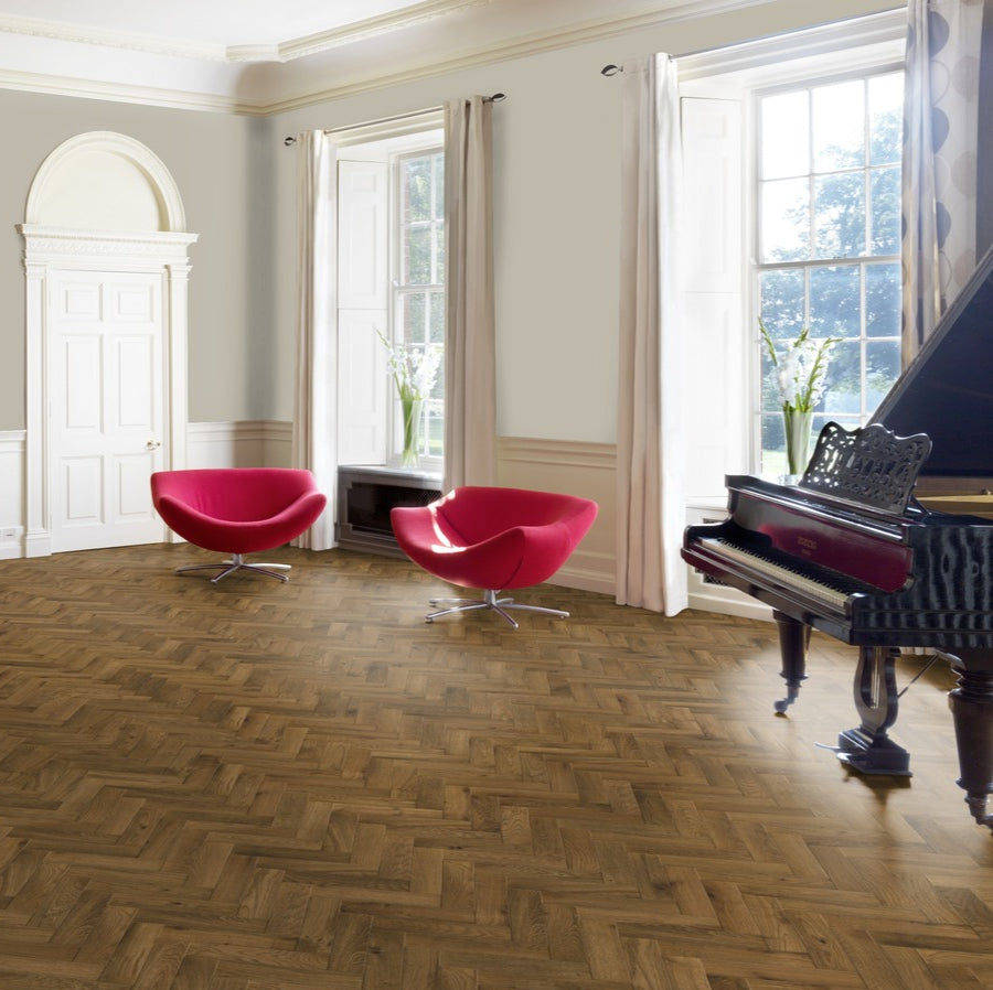 Ovara Rustic Engineered Smoked Stained Oak Herringbone Flooring, Brushed & UV Oiled: 14.0 x 90 x 450 mm