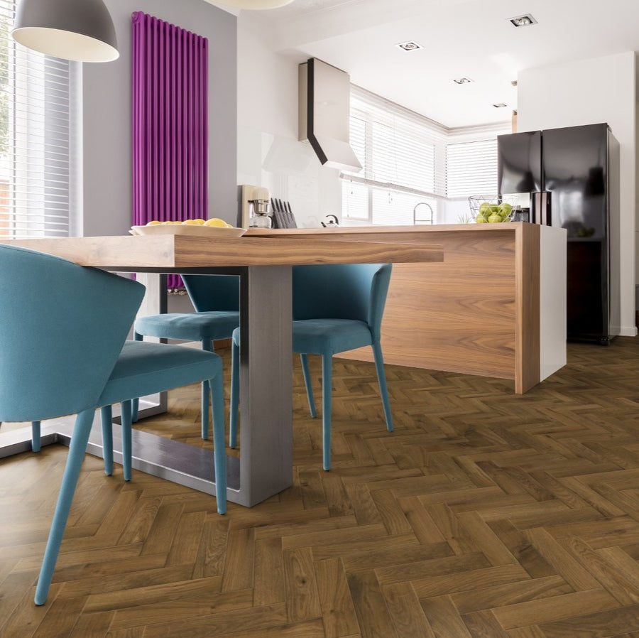 Ovara Rustic Engineered Smoked Stained Oak Herringbone Flooring, Brushed & UV Oiled: 14.0 x 90 x 450 mm