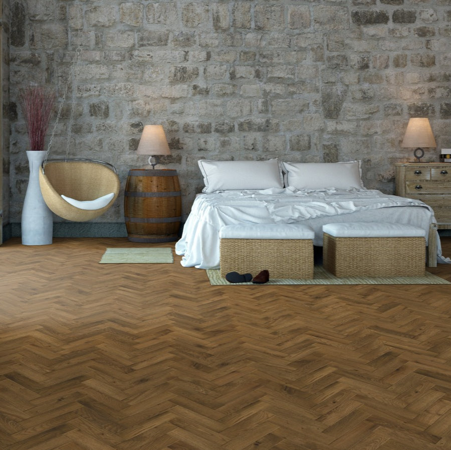 Ovara Rustic Engineered Smoked Stained Oak Herringbone Flooring, Brushed & UV Oiled: 14.0 x 90 x 450 mm