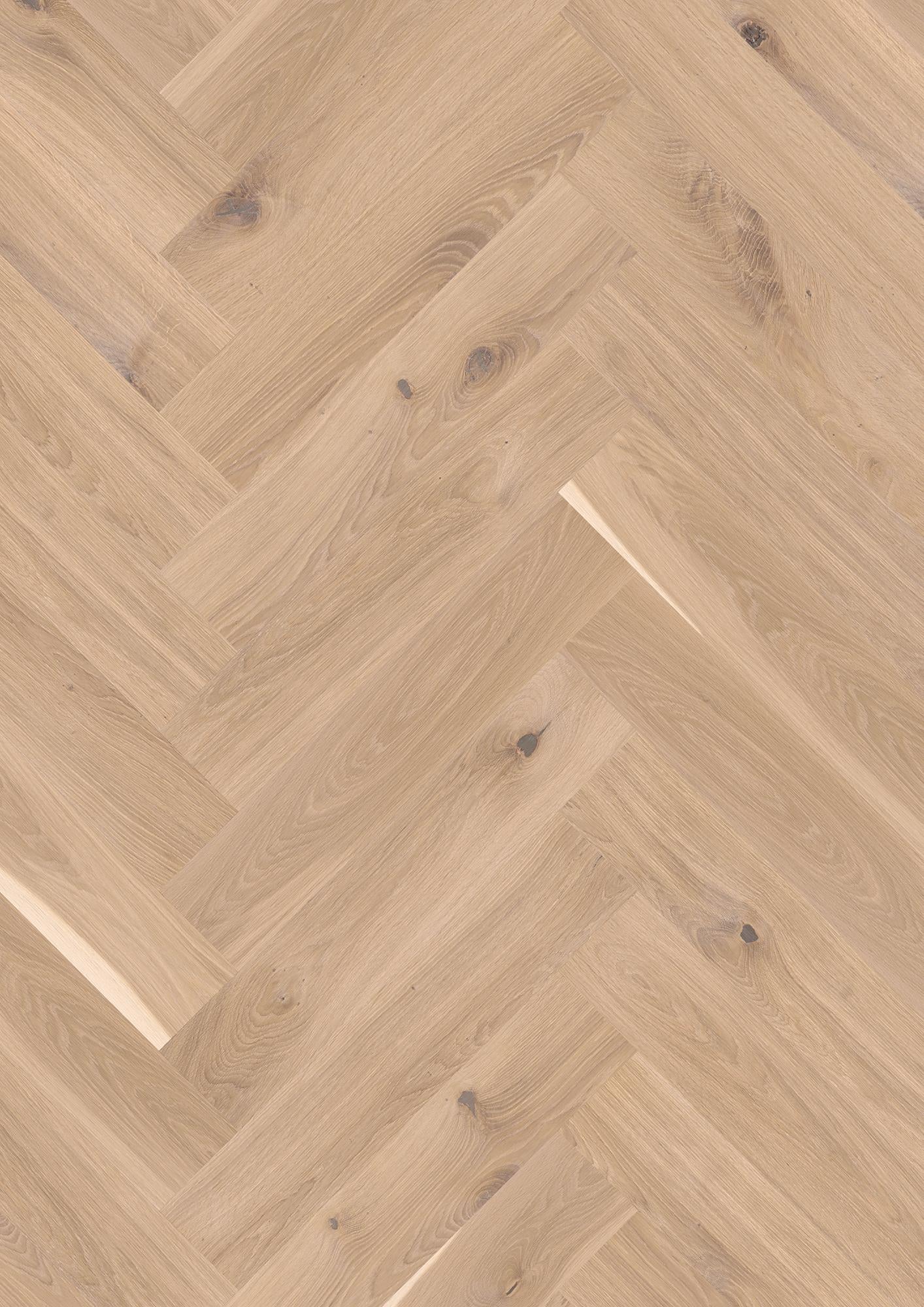 Boen Vivo Engineered White Oak Herringbone Flooring, Brushed & L/Natural, A & B Planks: 14.0 x 138 x 690 mm