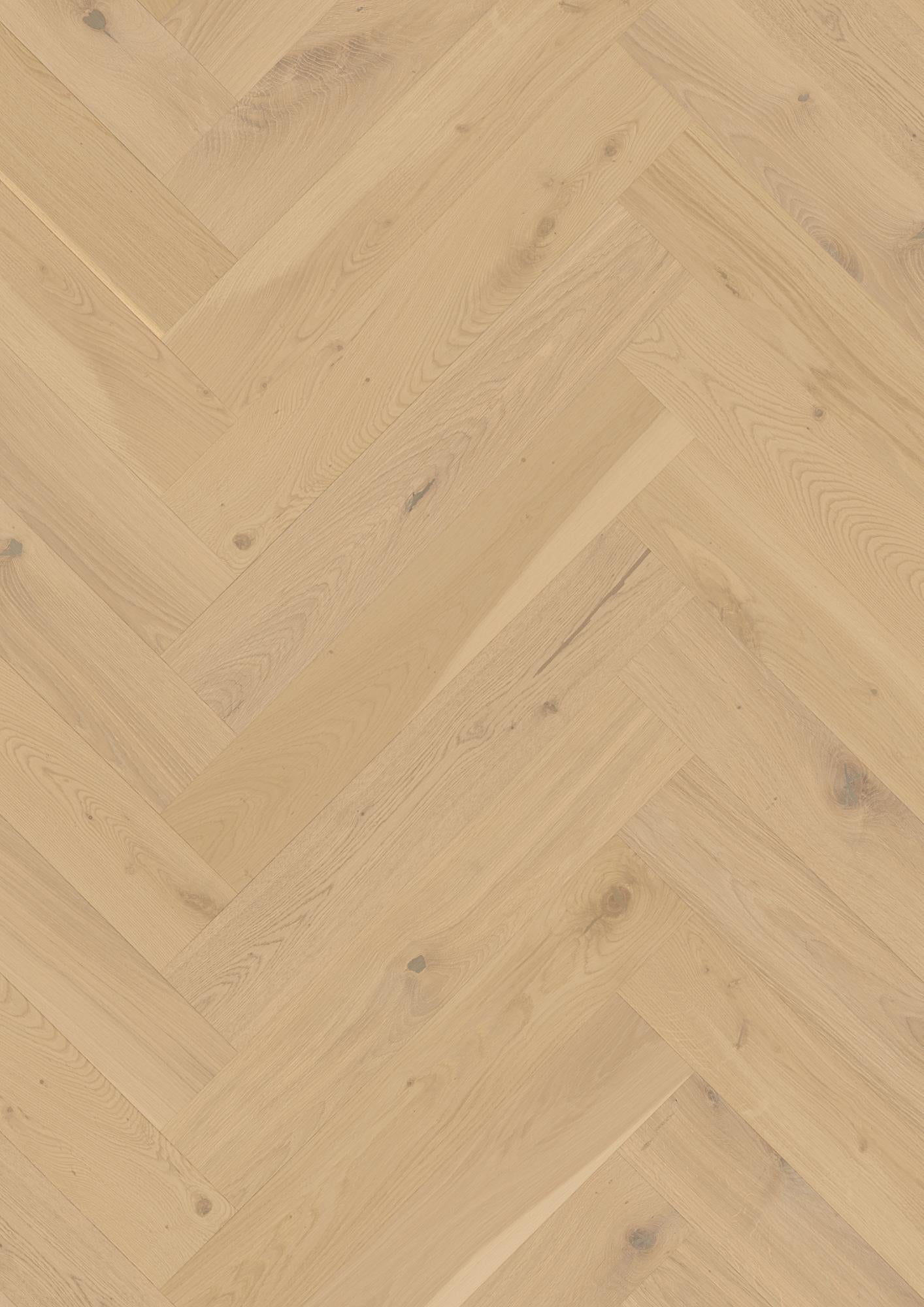 Boen Vivo Engineered Pale White Oak Herringbone Flooring, Brushed & L/Matt Plus: 10.5 x 137 x 790 mm
