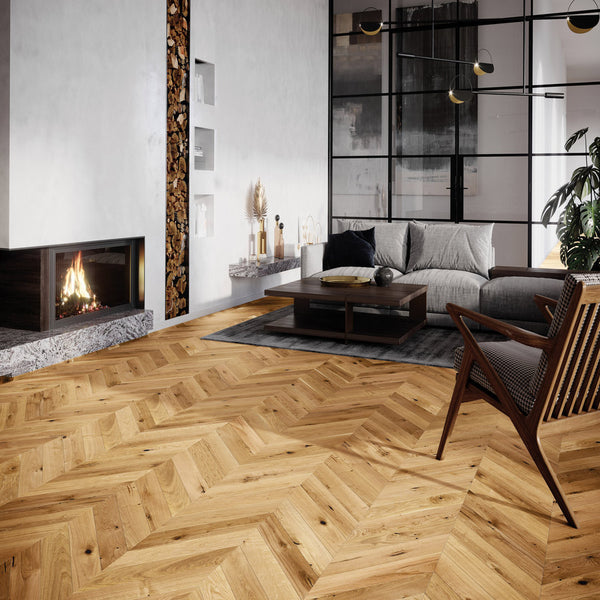 Ovara Engineered Natural Oak Chevron Flooring, Brushed & Matt Lacquered: 14.0 x 130 x 725 mm