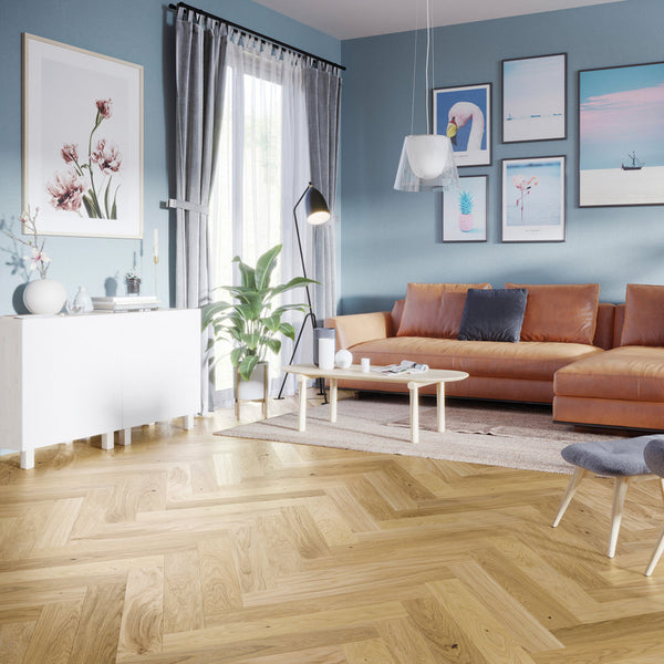 Ovara Premium Engineered Natural Oak Herringbone Flooring, Brushed & Matt Lacquered: 14.0 x 110 x 660 mm