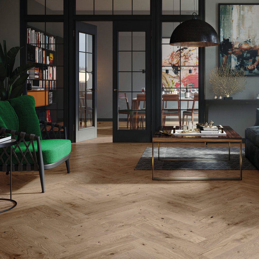 Ovara Engineered French Chateau Oak Herringbone Flooring, Brushed & Matt Lacquered: 14.0 x 110 x 660 mm