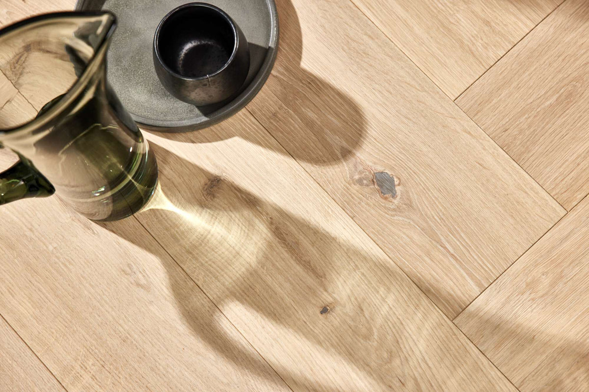 Boen Animoso Engineered Oak Herringbone Flooring, Brushed & L/Pure, A & B Planks: 14.0 x 138 x 690 mm