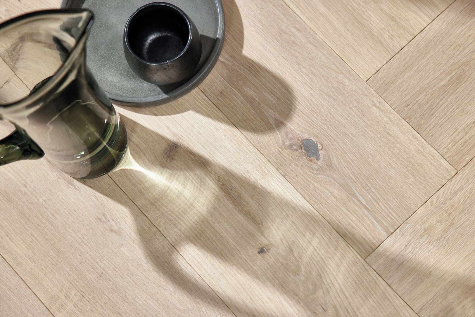 Boen Vivo Engineered Pale White Oak Herringbone Flooring, Brushed & L/Pure, A & B Planks: 14.0 x 138 x 690 mm
